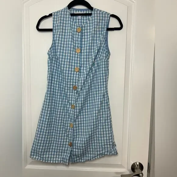 Leelanau Gingham Blue 100% Linen Button-Down Mini Dress size XS 60s cottage core - Picture 3 of 12